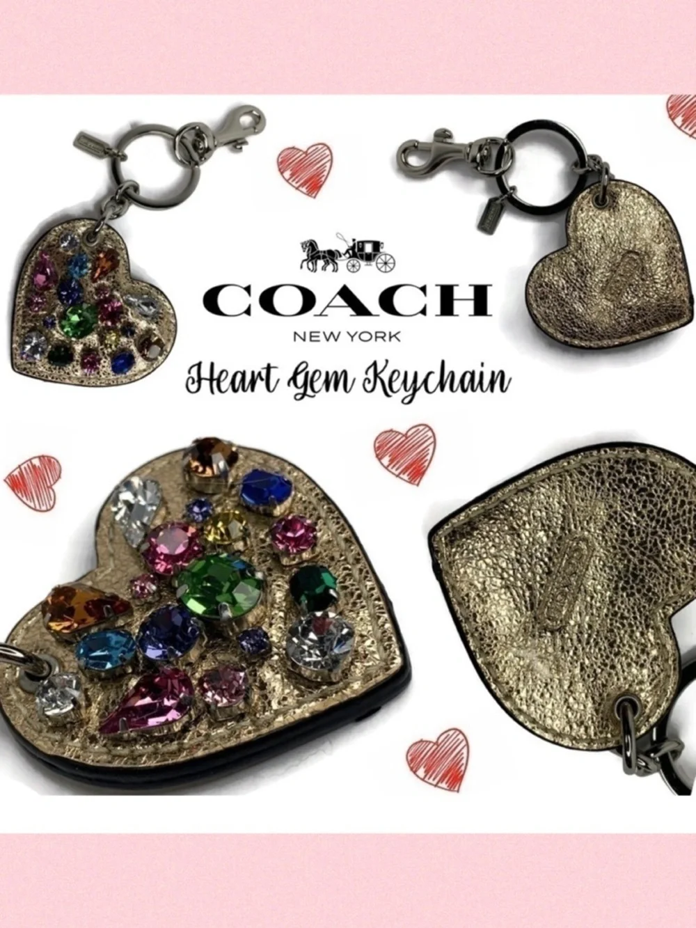 ❤️ Coach Multicolored Jewel Crystal HEART Keychain